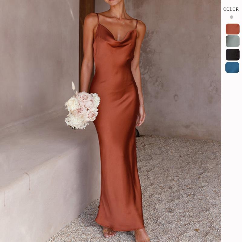 Women's Urban Fashion Solid Color Dress with Deep V-neck, Slim Fit, and Spaghetti Straps for Spring/Summer 2024.