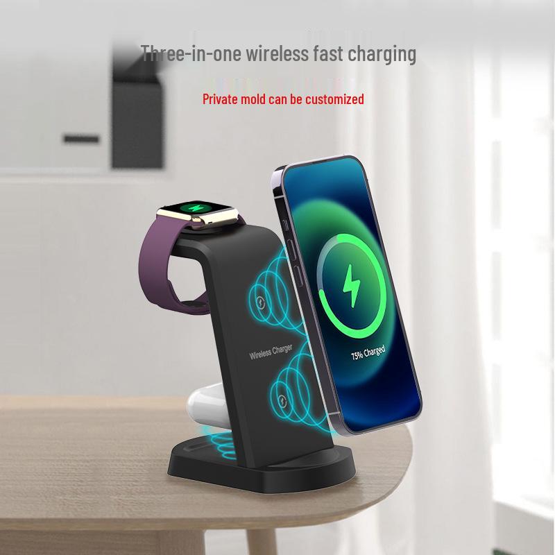 Three-in-One Vertical Wireless Charger for Apple Devices: Phone, Earbuds, and Watch.