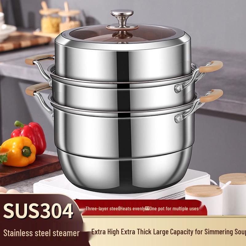 Three-Layer 304 Steel Steamer Pot with Large Capacity for Multi-Functional Cooking