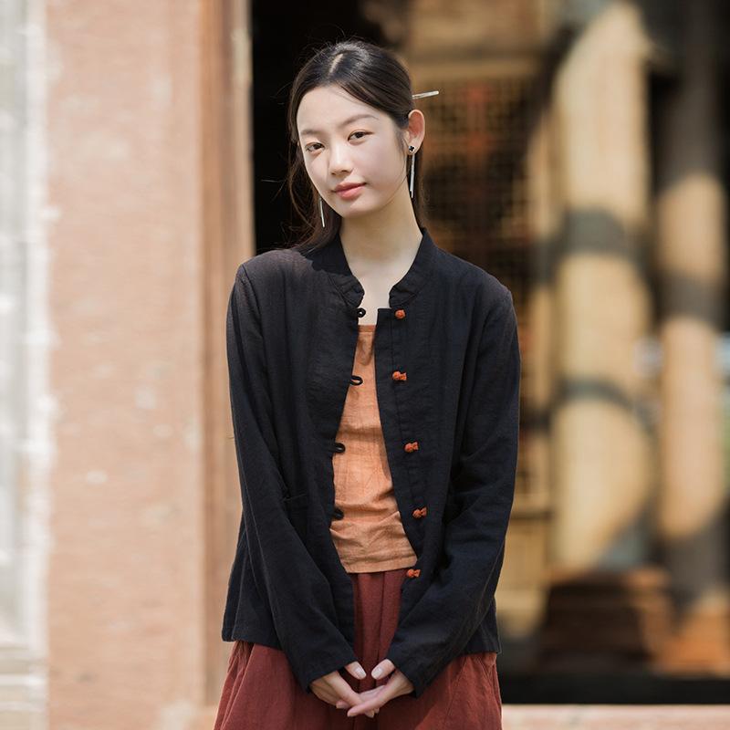 

Johnature Женские рубашки в китайском стиле, топы со стойкой, длинные рукава, карманы, блузки, осенние однотонные рубашки L чёрный