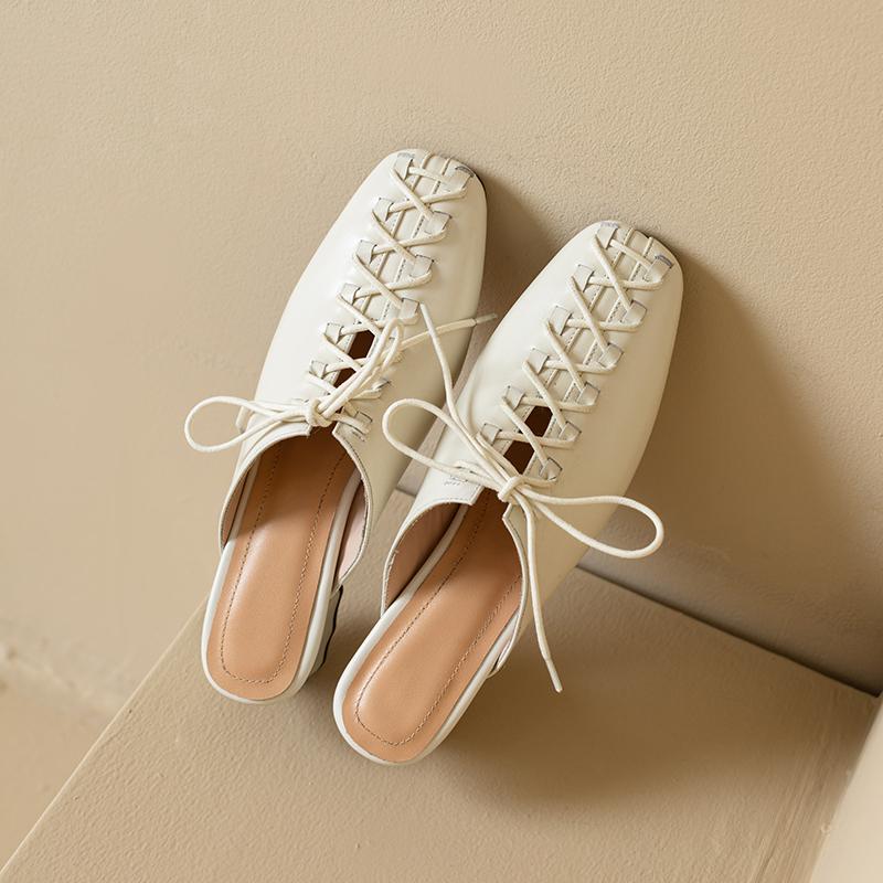 2025 Summer Genuine Leather Lace Up Dress Mules Women Covered Toe Med Thick Heels Slippers Ladies Dating Shoes Elegant Sandals
