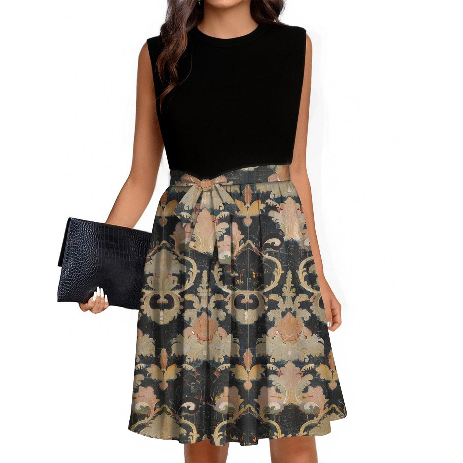 

Women s Fashion Casual Lace-up Sleeveless Round Neck Splicing Short Dress XL рожевий колір золота