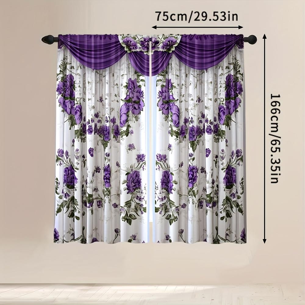 2 Pcs Purple Floral Print Curtains – Polyester Rod Pocket Design for All-Season Decor   Perfect for Bedroom Living Room & More