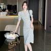 French qipao, summer polka dot V-neck dress, new mom's wear, French casual sexy short sleeve, slimming European and American style
