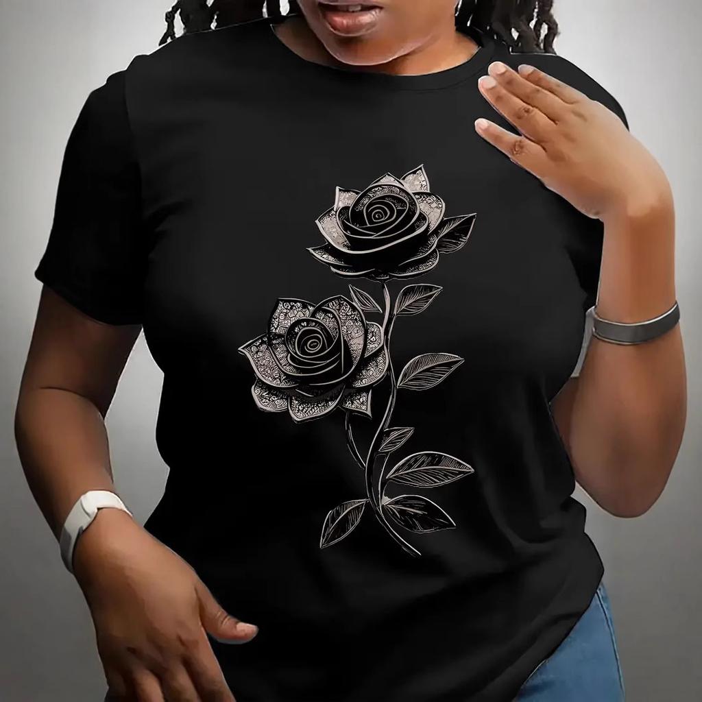 Dámské ležérní letní tričko s jednoduchým a personalizovaným 3D potiskem růží, s kulatým výstřihem a krátkým rukávem