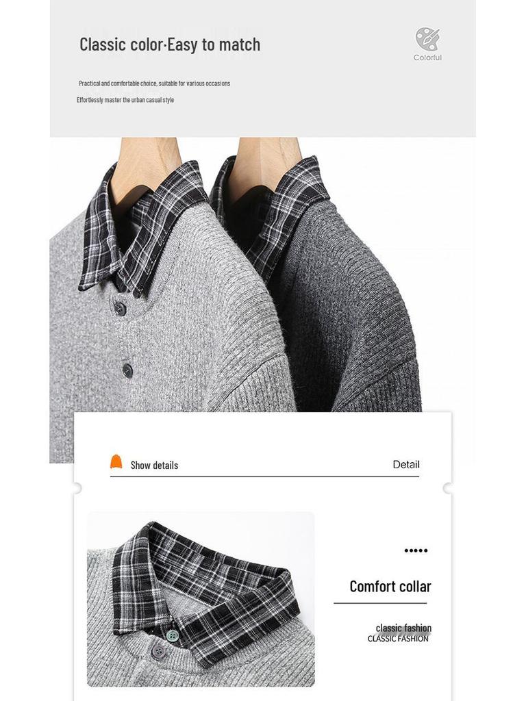 Men's Trendy Korean Style Plaid Knit Sweater with Shirt Collar - Warm, Loose Fit (Autumn/Winter)