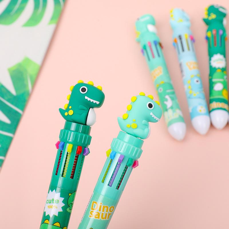 2Pcs Cartoon Cute Dinosaur Multicolor Pen Ten Color Signature Pens Creative Quick-Drying Neutral Pens Writing Smooth Neutral Pen