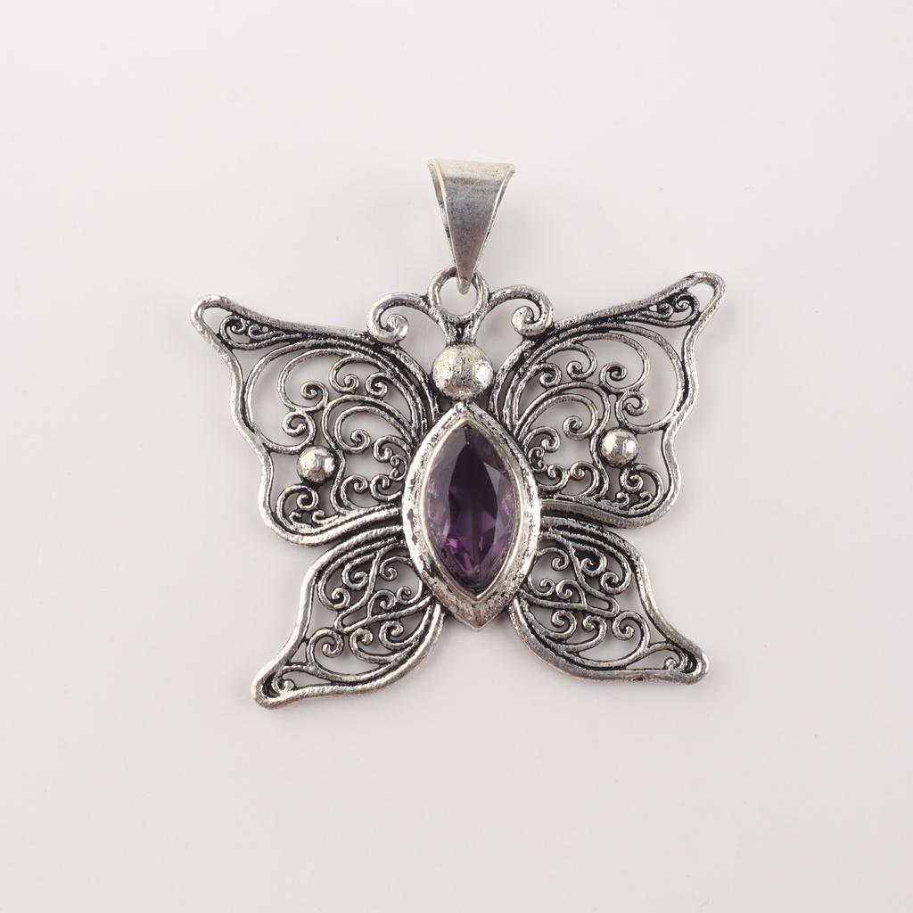 Amethyst Gemstone Silver Pendant 1.5" , 925 Sterling Silver Women Jewelry, Butterfly Pendant For Valentine's Day Gift CP-41-1
