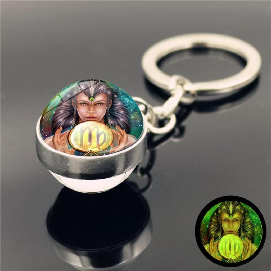 Schlüsselanhänger mit 12 Sternzeichen, im Dunkeln leuchtend, Taschenanhänger, Zeit-Edelstein, doppelseitiger Glaskugel-Schlüsselanhänger