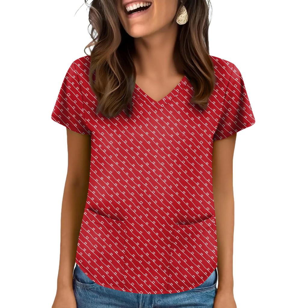 Women's V-neck Valentine's Day Printed Short-sleeved Top With Pockets And Side Slits, Suitable For Caregivers.