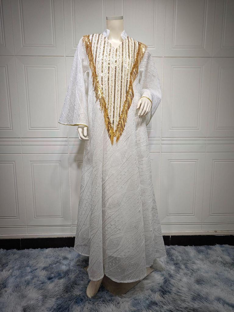 AB320 Tulle Embroidered Sequined Muslim Evening Dress - Arabic Dubai Style Robe for Middle Eastern Women