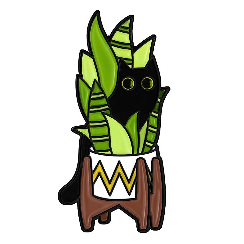 Cats In Plants Enamel Pins Custom Black Cat Potted Plant Brooches Lapel Badges Fun Animal Plant Jewelry Gift for Kids Friends