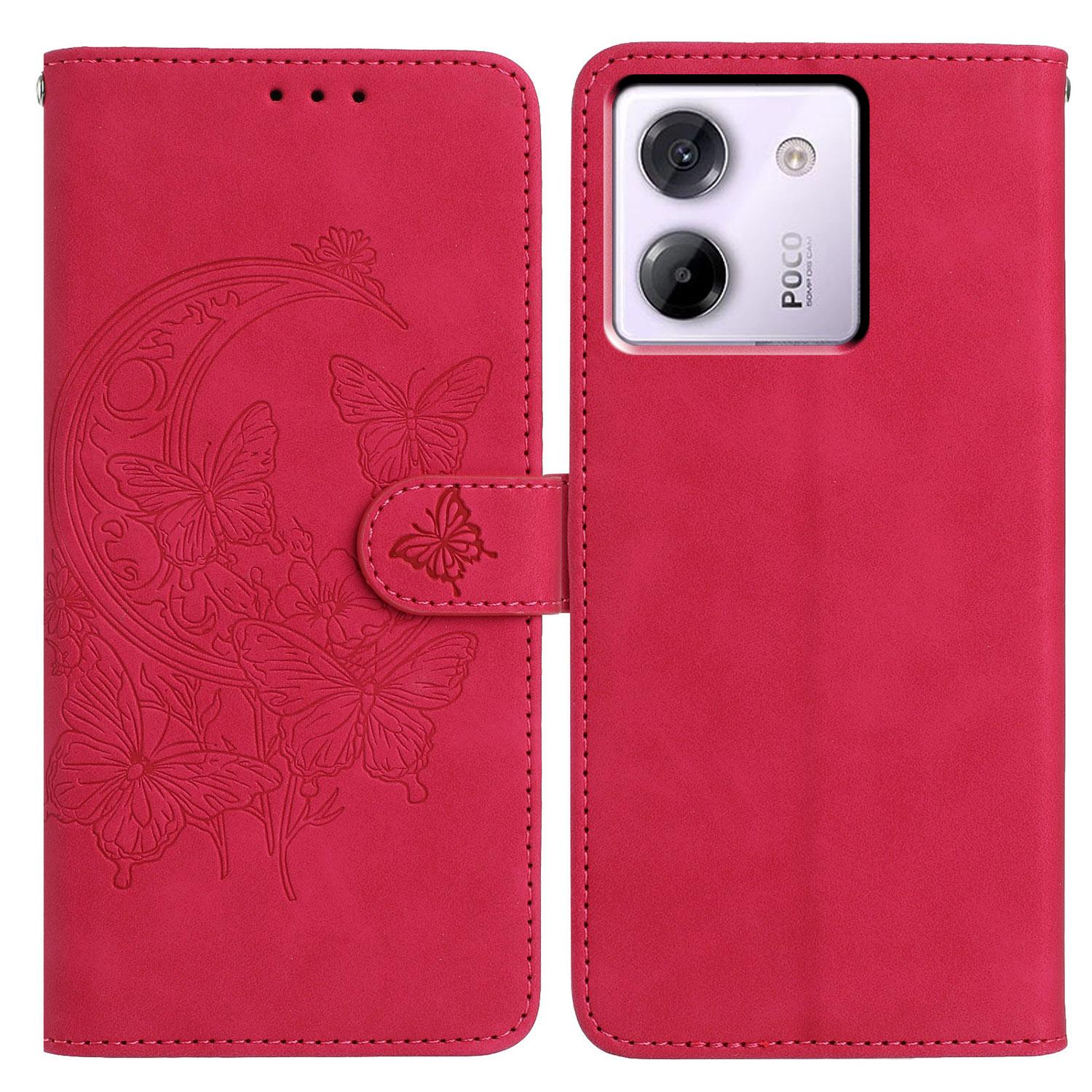 

For Xiaomi Poco M7 Pro 5G Case Butterfly Flower Imprinted PU Leather Wallet Stand Phone Cover Rose