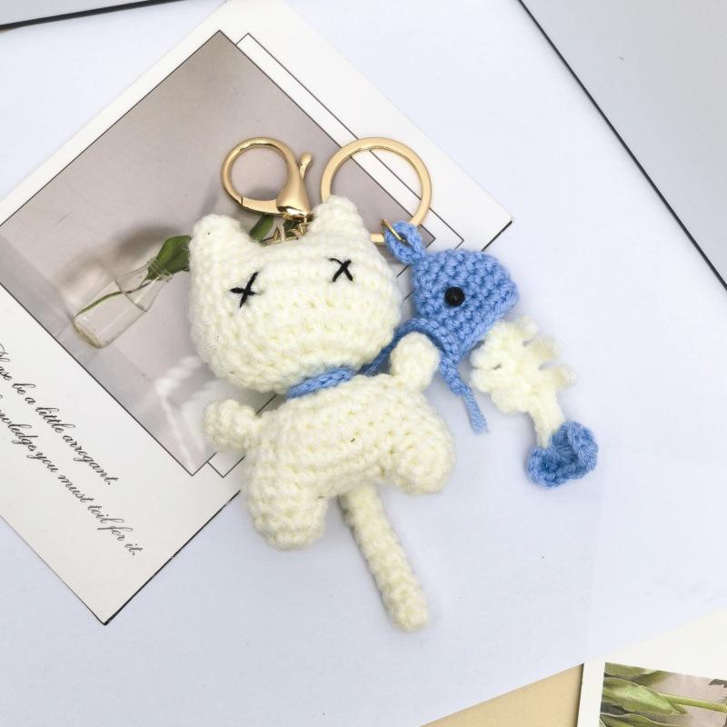 

Handmade Crochet Kitten with Fish Keychain - Cute Cartoon Bag Charm Gift