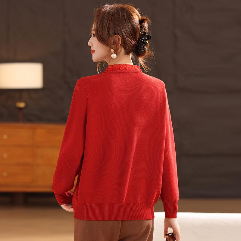Spring Women's V-Neck Rhinestone Ice Silk Knitwear - Slimming, Versatile, and Comfortable for Middle-aged and Elderly Moms