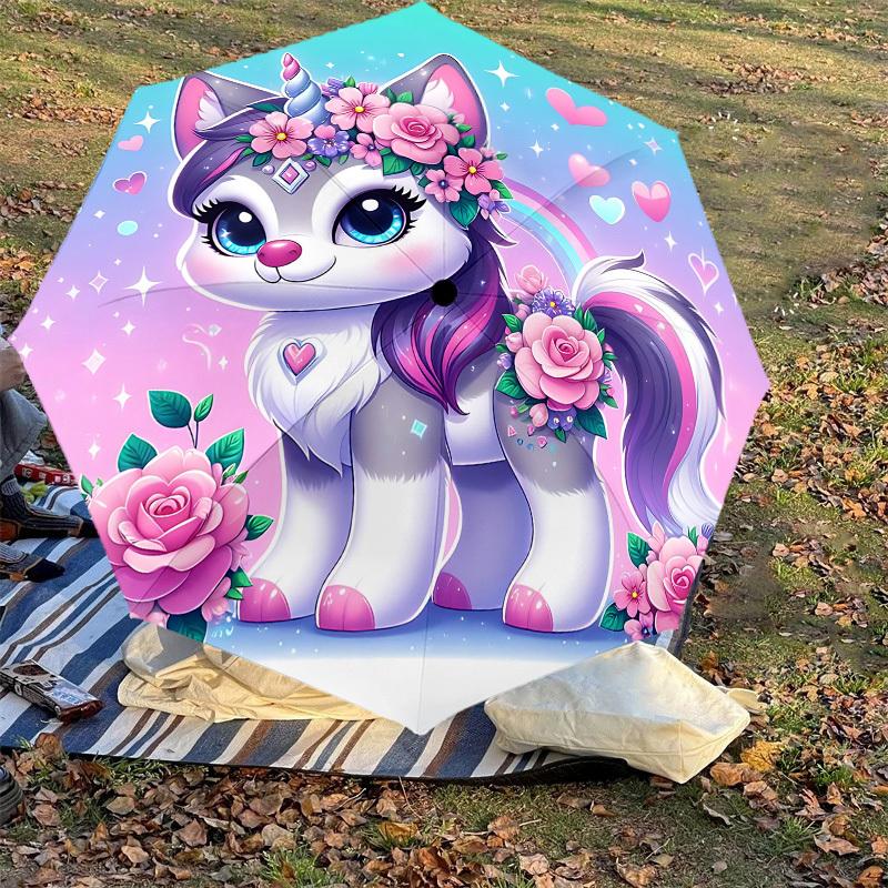 1PC Unicorn Kitty Automatic Open/Close Umbrella with Windproof, 8-Rib Sturdy Canopy, Durable Ribs, Fashionable Design, Outdoor Accessory, Fun Prin, Ho