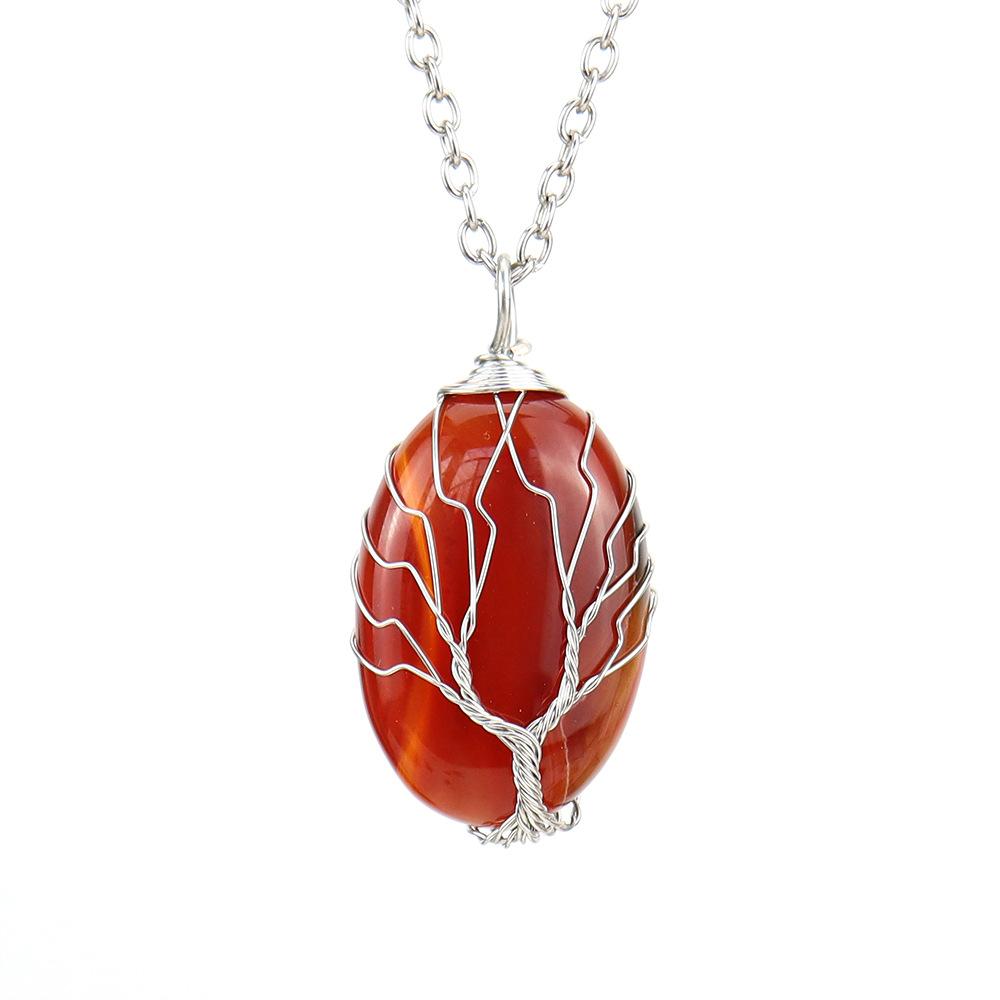 Natural Rough Crystal Amethyst Tiger Stone Oval Tree Of Life Pendant Necklace N643