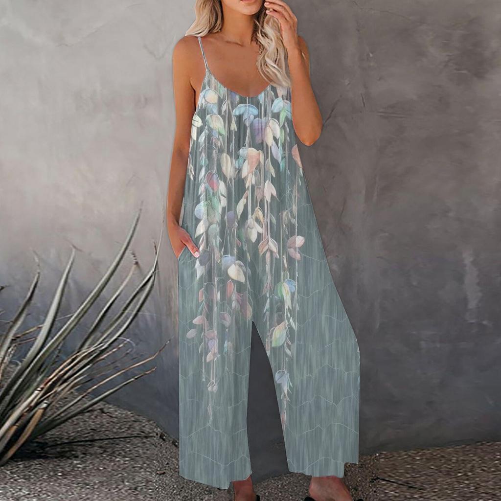 Women's Printed Jumpsuit Casual Loose Adjustable Suspender Jumpsuit