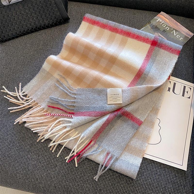 New Wool Warm Scarf for Women in Color Blocked Plaid Scarf Long Tassel Scarf Thickened and Warm