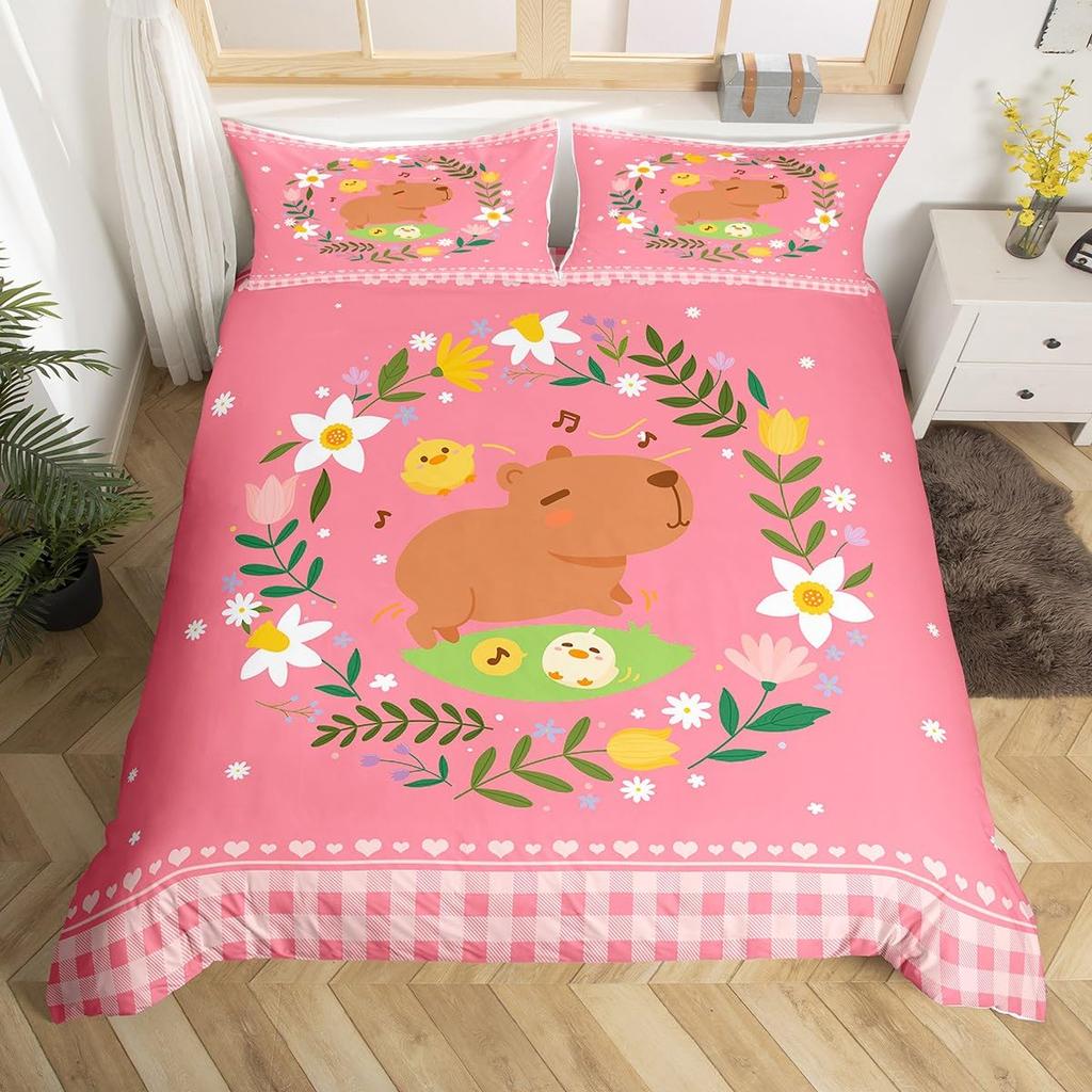 Cute Capybara Print Bedding Sets Full Kawaii Honey Bee Comforter Cover,Cartoon Animals Bed Set Red Love Heart Print Duvet Cover