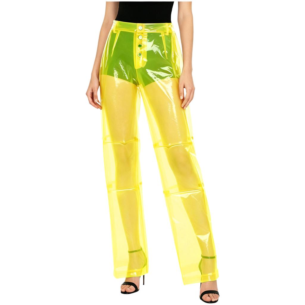 S-XXL Women See Through PVC Pants Button Waist Back Pockets Wide Leg Straight Trousers for Party Dancing Prom Cover Up