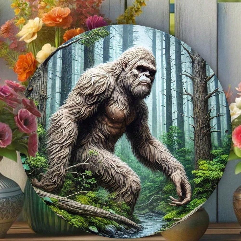 1pc 8x8 Inch Round Sasquatch Metal Sign Waterproof Weather Resistant Wall Decor Frameless Washable Aluminum Plaque