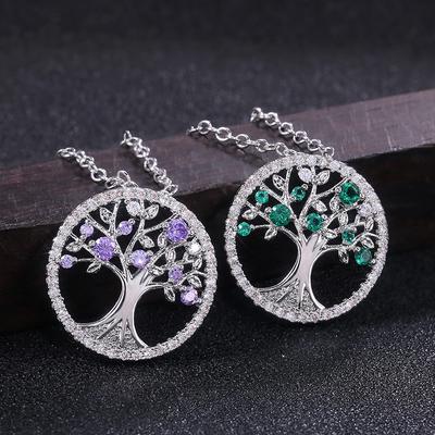 Silver Plated Tree of Life CZ Pendant Necklace, Colorful Crystal Halo Cable Chain Necklace for Women