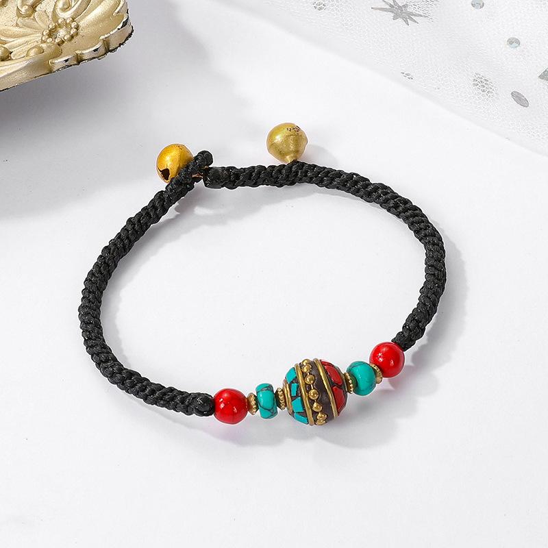 Ethnic Style Hand-woven Retro Color Beaded Bracelet Tibetan Pure Copper Bracelet Bell Antique Hand Rope Women's Jewelry