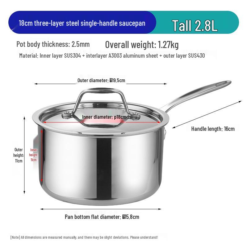 304 Stainless Steel Three-Ply Saucepan with Single Handle for Induction, Ideal for Baby Food, Noodles, and Household Cooking.