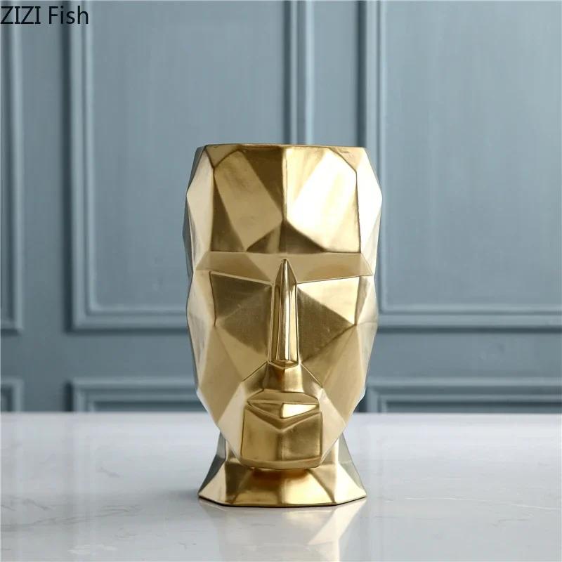 Nordic Ceramics Vase Geometric Origami Abstract Golden Human Head Vases Flower Arrangement Crafts Figurines Home Decoration