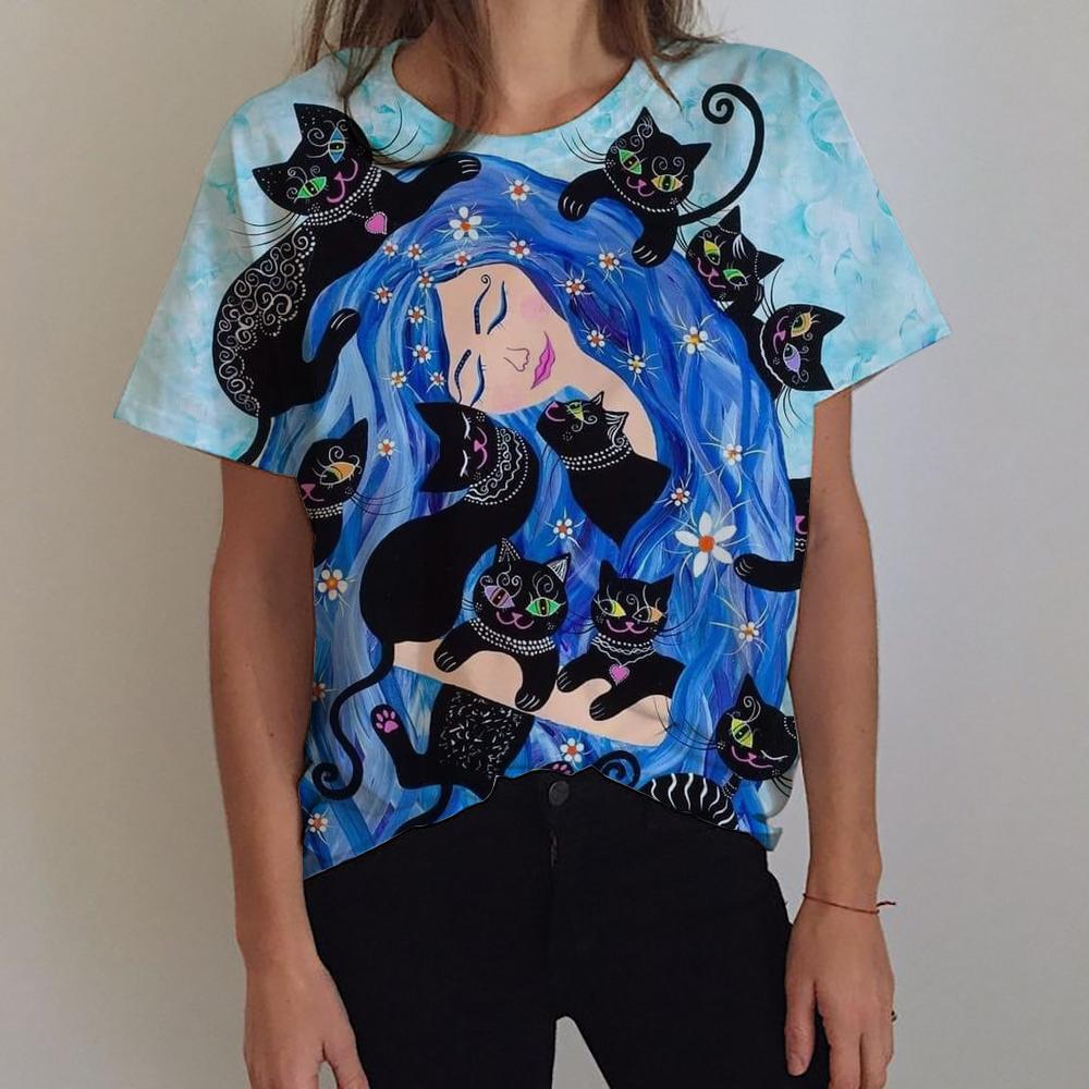 3D Printed Women's Flower T-shirt with Cat Pattern Short Sleeve Summer Fashion Street Round Neck T-shirt Top Loose Harajuku T-sh