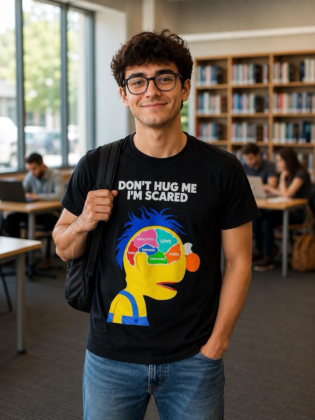Don t Hug Me I m Scared Mens M Yellow Guy Brain Tee in Black Dark Comedy Cartoon M