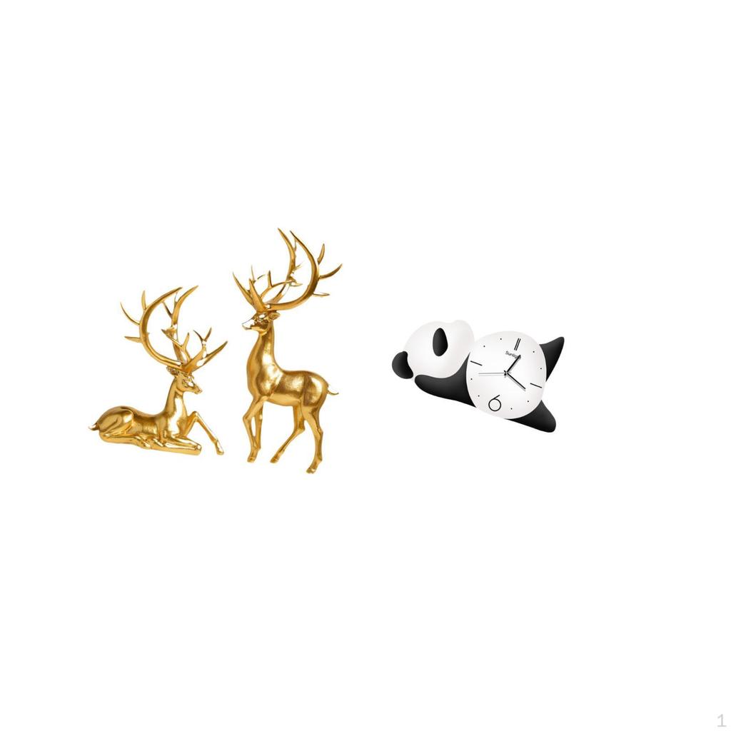 Couple Deer Statues Decorative Sculptures Collection Resin Figurines Panda Shape Wall Clock