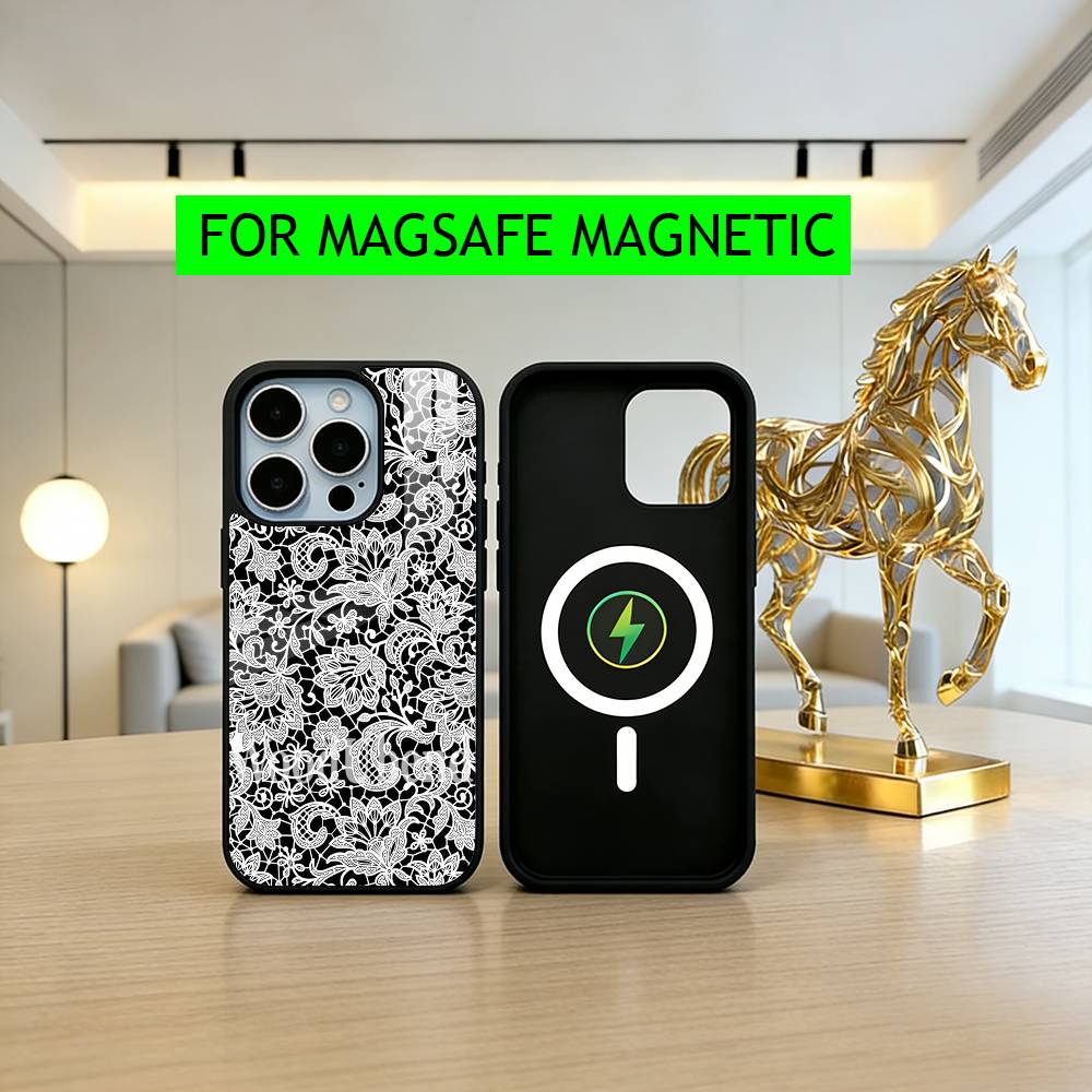 Beautful Black L-lace Print Phone Case For iPhone17,16,15,14,13,12,11 Plus,Pro Magnetic For Magsafe Wireless Charging
