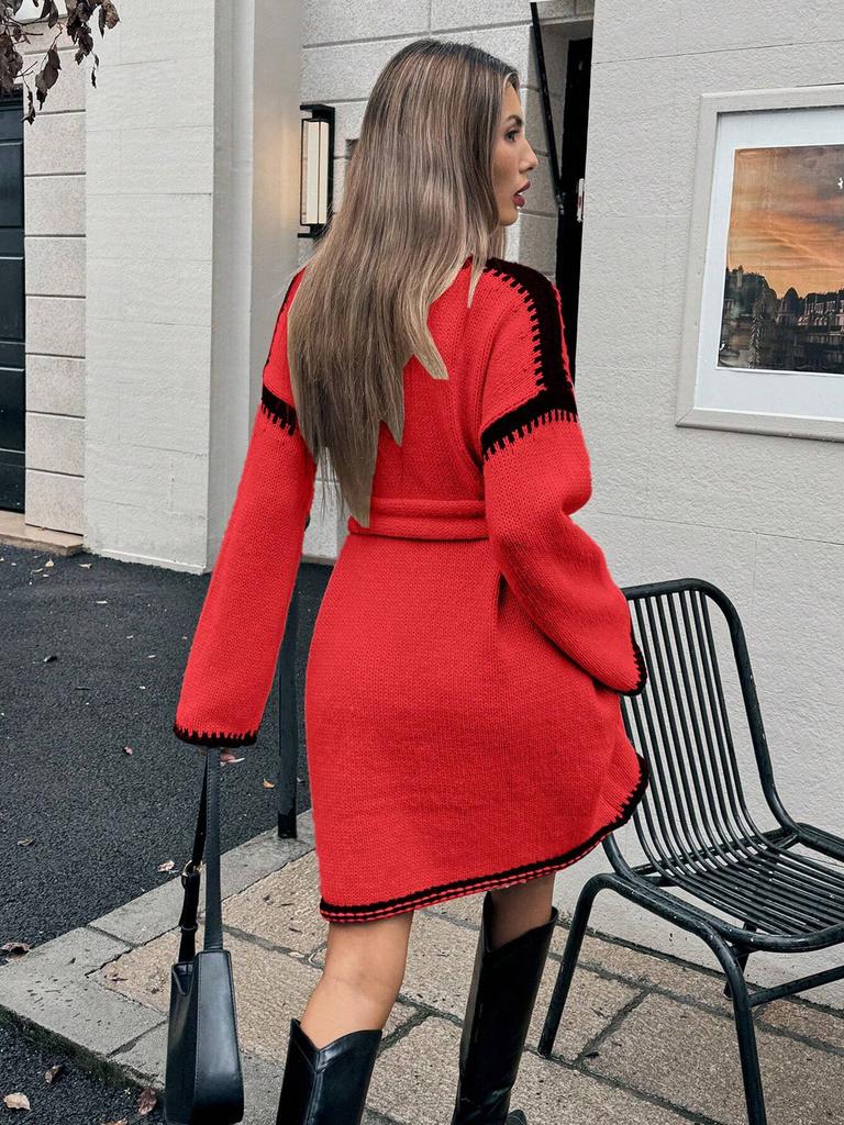 Women's Loose-fit Knitted V-neck Long Sleeve Dress With Belt
