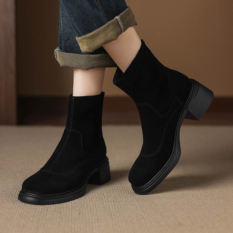 Krazing Pot Cow Suede Nubuck Round Toe Thick Heels Chelsea Boots Size 42 Concise Style Women Keep Warm Ankle Boots