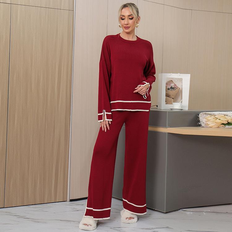 

Осень и зима Новый контрастный цветной вязаный свитер с длинными рукавами и разрезами, широкие брюки с высокой талией, комплект из двух предметов для женщин One Size кирпич красный