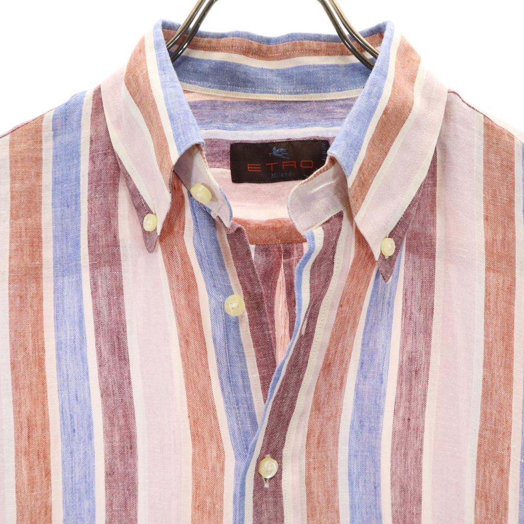 Etro Made In Italy Linen Blend Striped Pattern Short Sleeve Button Down Shirt Men's Used