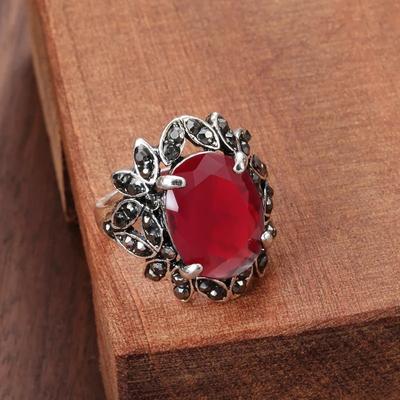 Kinel Fashion tybetański srebrny czerwony kamienny pierścionek dla kobiet kryształowe kwiaty etniczna biżuteria ślubna dla nowożeńców pierścionki w stylu Retro