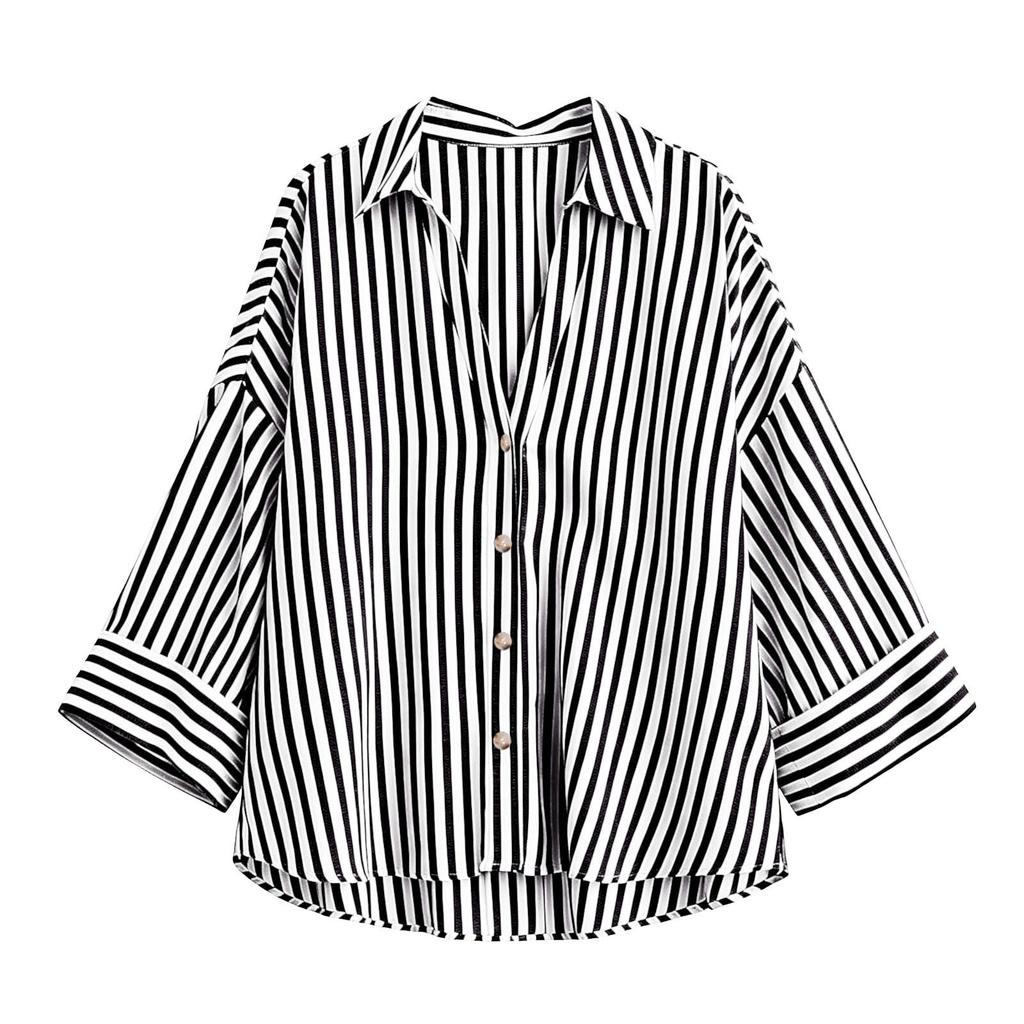 Women's Striped Lapel Button Down Long Sleeve Blouse Loose Fit for Work