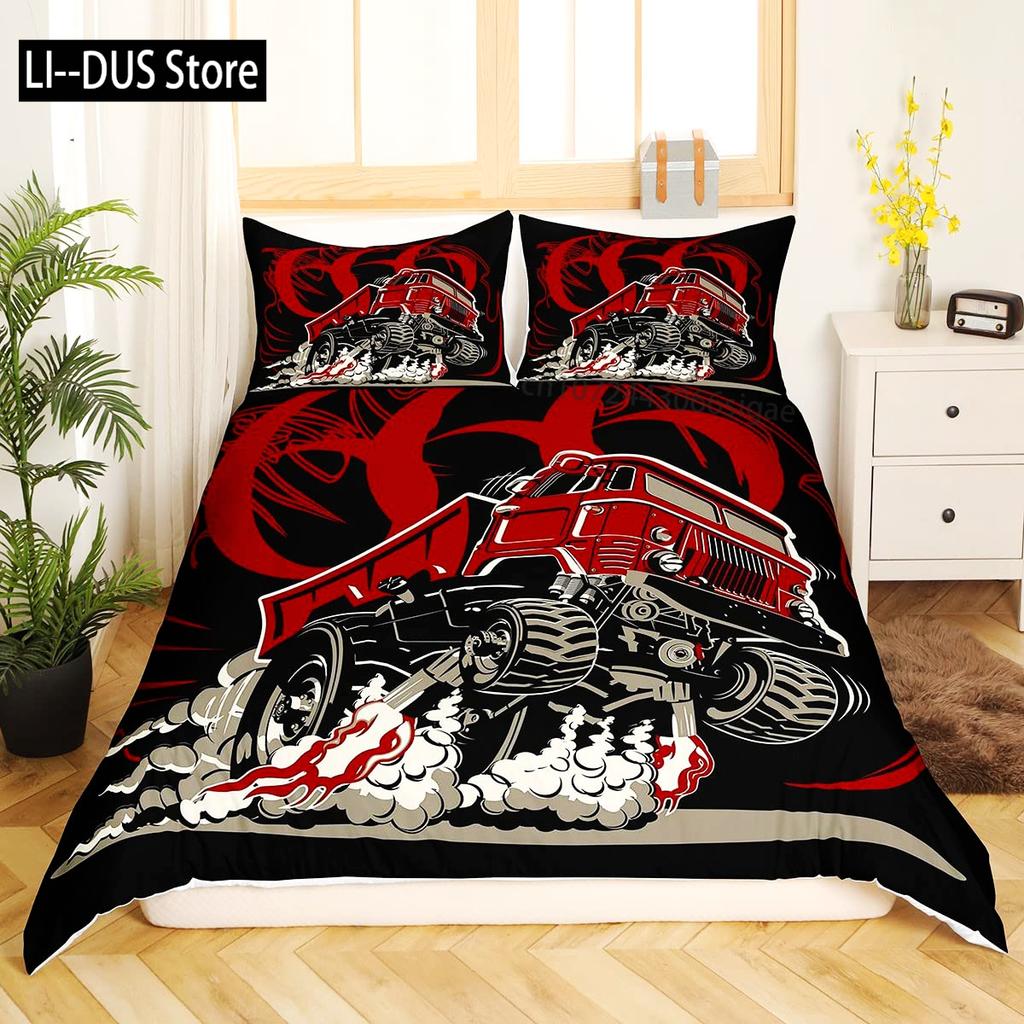 Fire Truck Duvet Cover Set Twin Size Red Firemen Car Vehicle Bedding Set Fire Engine Pattern For Boys Tire Printing Quilt Cover