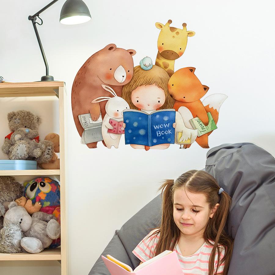 Girl and Animals Reading Theme Self Adhesive Wall Sticker for Kids Room Early Learning Center Warm Home Decor