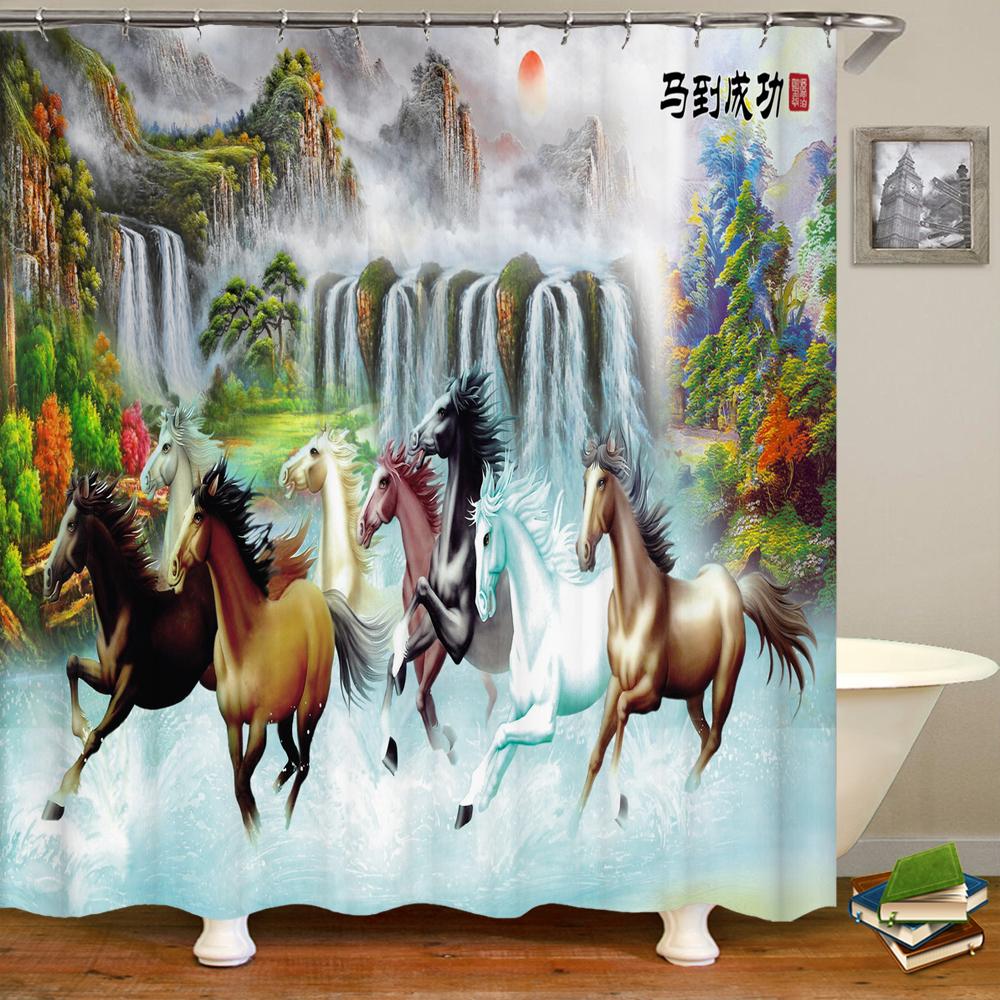 Chinese Style Natural Waterfall Landscape Shower Curtains Bathroom Curtain Waterproof Polyester Horse Bath Curtain with Hooks