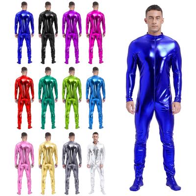 Pánský metalický zentai overal s dlouhým rukávem a přiléhavým výstřihem do V, klubový kostým