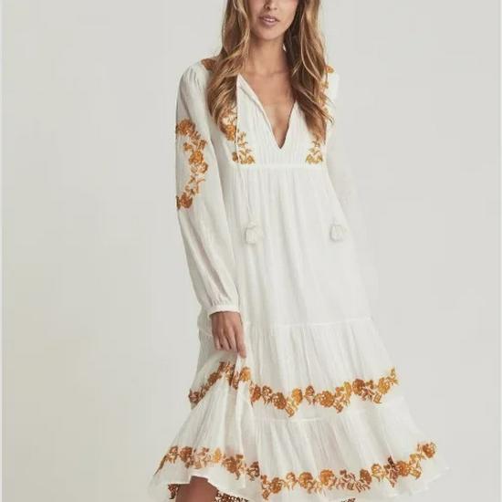 Embroidered Floral V-Neck Lantern Sleeve Maxi Dress