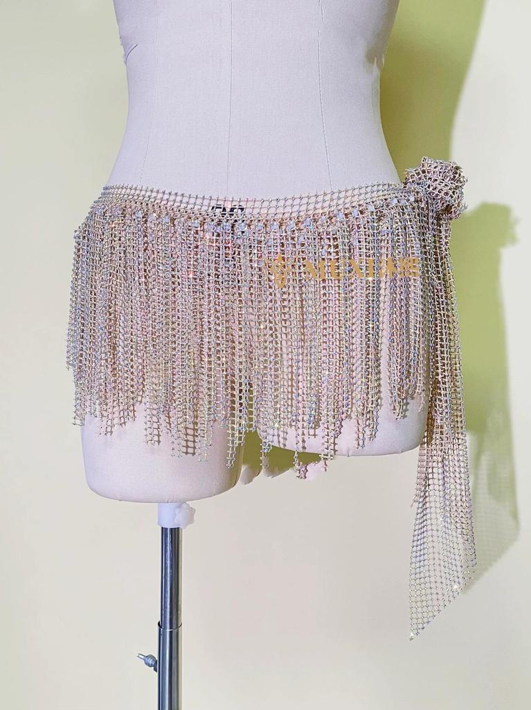 Zhao Hao Rhinestone Tassel Belly Dance Waist Chain Scarf – Multi-layered, Hot-fix Dancewear for Group Performances