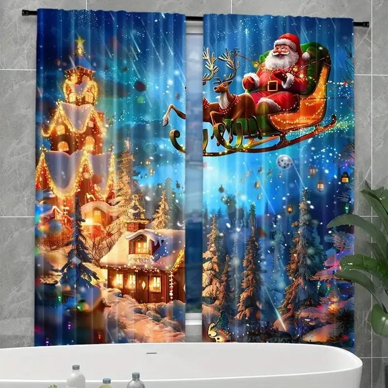 Festive Santa Claus Curtains Christmas Window Decor Polyester Drape Home Room Darkening Set Of 2 Made With Rod Pocket