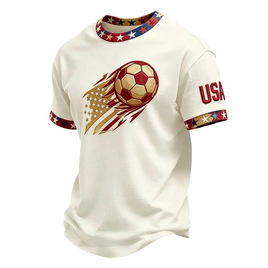 Camicia Casual da Uomo con Stampa Girocollo Leggera Traspirante a Maniche Corte Grafica Campo da Calcio Dettaglio Manica Scritta USA