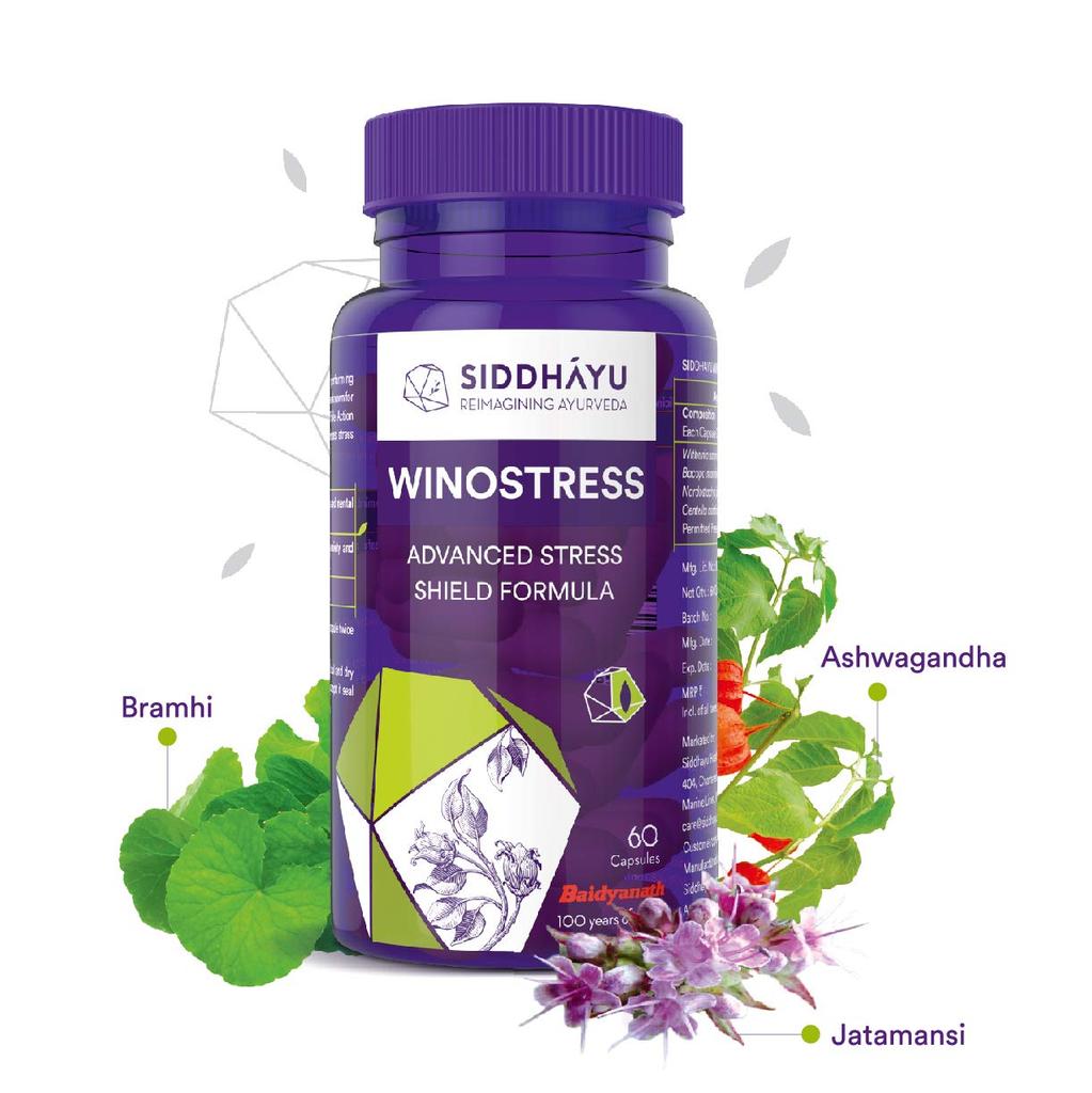 Siddhayu Winostress Herbal Stress Support Tablets 60 Capsules Calm Mind Relaxation Energy Focus