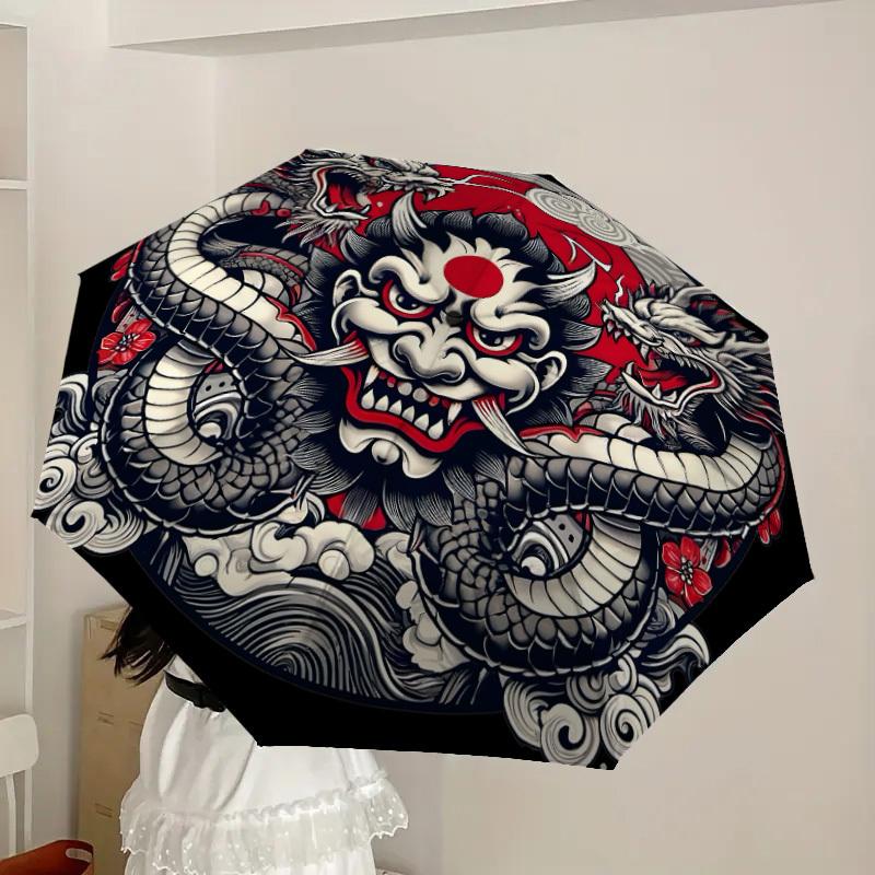 1pc Japanese Demon Mask with Dragons Umbrella with Plastic Handle,Suitable for All Seasons Home Travel Outdoor UmbrellaDD1058